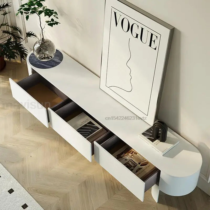 Modern Living Room Furniture High Curved Cabinet Feet Round Corner Television Stands Large Storage Space Tv Cabinets In White