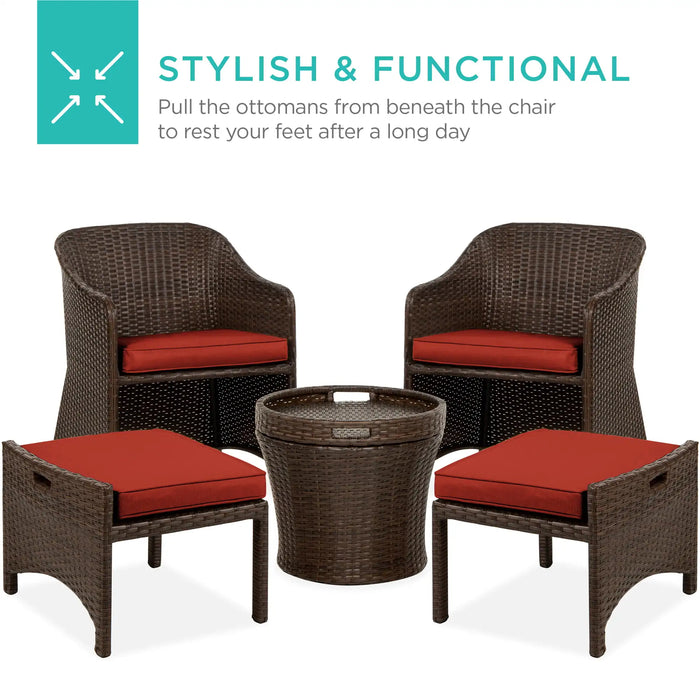 5-Piece Red Outdoor Wicker Patio Bistro  Furniture Set w/ Storage Table, No Assembly