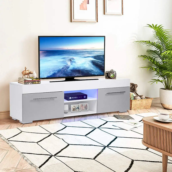 51'' High Gloss Modern TV Unit Bracket with LED Light TV Stands Living Room Furniture TV Cabinet with 2 Drawers Home Furnishings