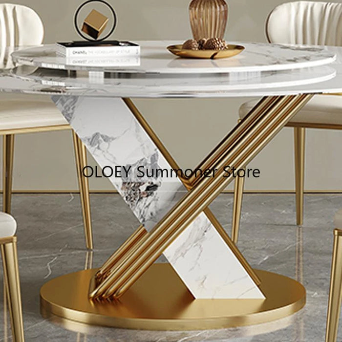 Stainless Steel Round Table With 360°Rotating Smooth Turntable Designer Rock Slab Kitchen Table Chair Esstisch Dining Furniture