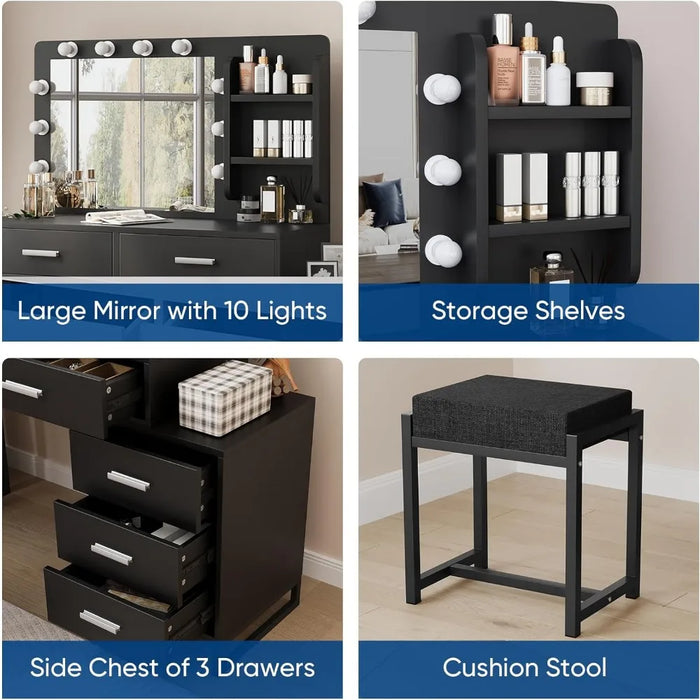 Dresser, with Mirror and 10 LED Lights, with 2 Drawers and Chairs, with 3 Mirrors and Stools, with Gold Metal Frame, Dresser