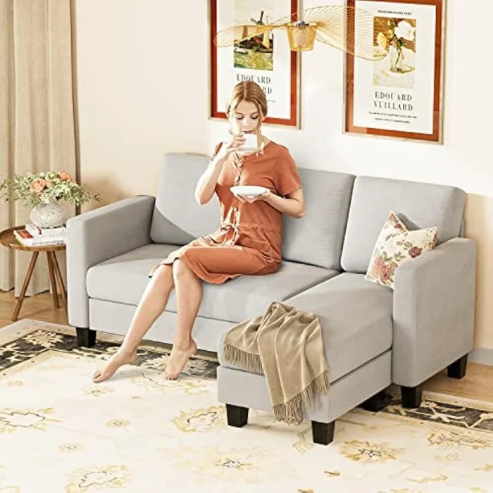 Convertible Sectional Small Sofa L-Shaped Couch Seat with Modern Linen Fabric, for Living Room, Apartment,Light Gray