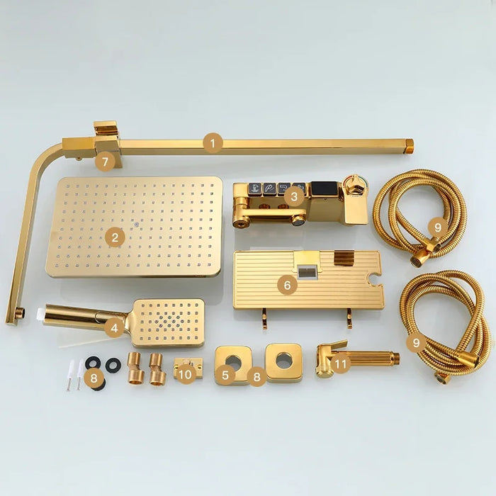 Golden Shower Set Bathroom Smart Digital  System Wall Mount Thermostatic Bath Faucet SPA Rainfall Bathtub LED Tap Full Kit