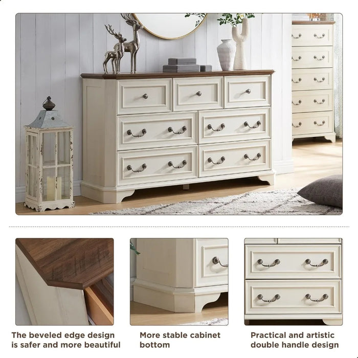 Farmhouse 7 Drawers Dresser Chests for Bedroom, Wood Rustic Tall Chest, Dressers Organizer for Bedroom, Antique Dressing Desk