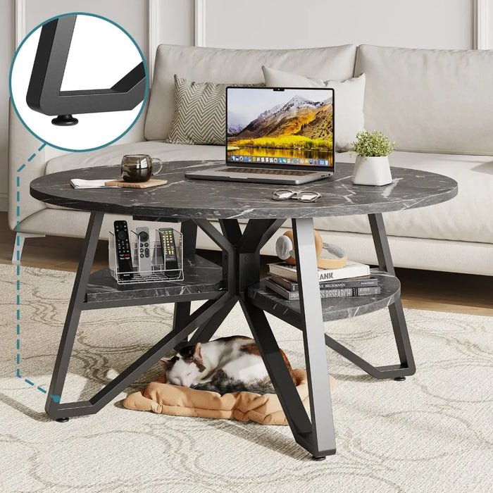 Coffee Table Round Marble Furniture with Storage Sturdy Metal Legs Living Room