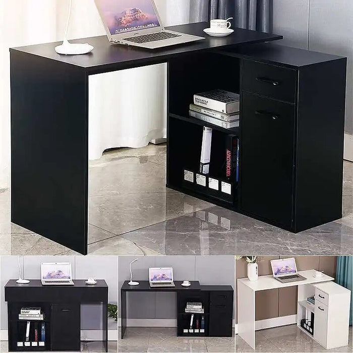 68 inch L-Shaped Rotating Computer Desk with Storage Shelves Modern Executive Corner Office Desk with 2 Drawers and File Cabinet