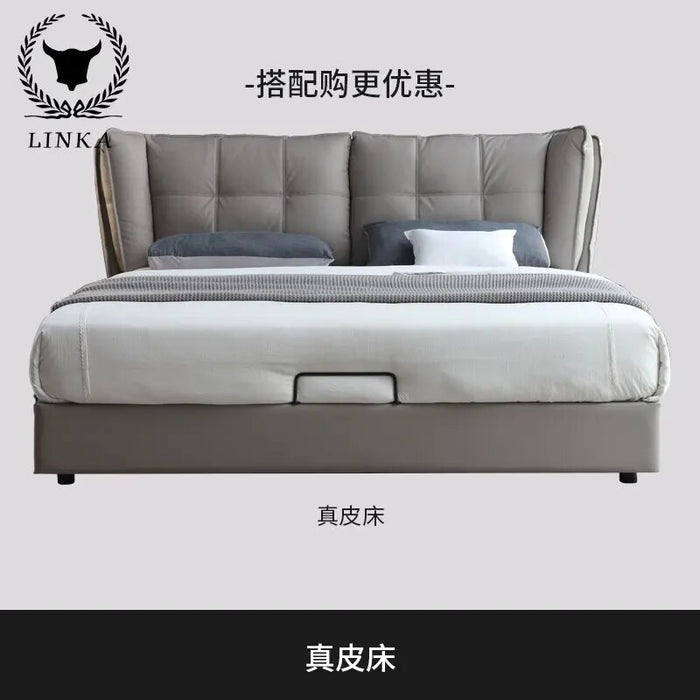 Italian style light luxury modern minimalist master bedroom leather headboard cowhide leather bed Nordic double bed