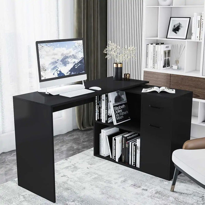 68 inch L-Shaped Rotating Computer Desk with Storage Shelves Modern Executive Corner Office Desk with 2 Drawers and File Cabinet