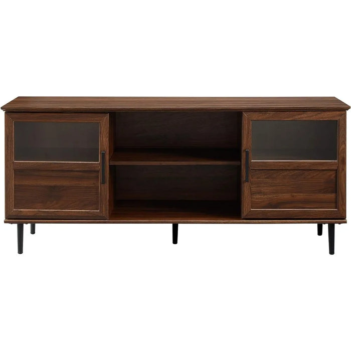 Modern Farmhouse Wood and Glass TV Stand with 2 Cabinet Doors for TV's up to 65" Flat Screen Universal TV Console, Dark Walnut