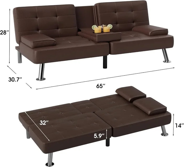 Futon Sofa Bed Modern Faux Leather Couch, Convertible Folding Couch Recliner Lounge for Living Room w/ 2 Cup Holders w/ Armrest