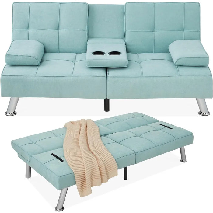 Living Room Sofas Linen Modern Folding Futon, Reclining Sofa for Apartment, 2 Cupholders Sofas