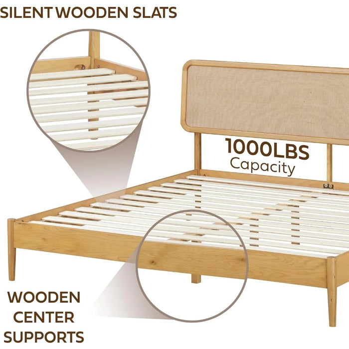 Bed Frame, Solid Oak Base with Silent Slats and Wooden Central Support, Wooden Bed Frame with Headboard