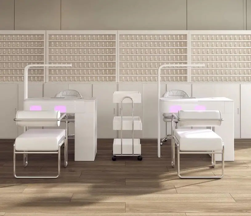 A manicure table and chair set with a second-generation vacuum cleaner and red light grill