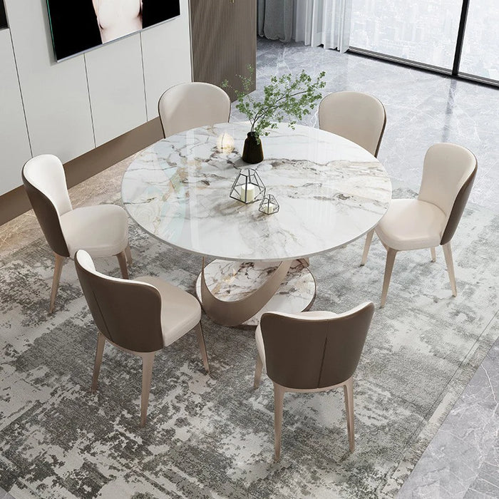 Modern simple rock plate round dining table with turntable household high-end light luxury dining table is extremely simple