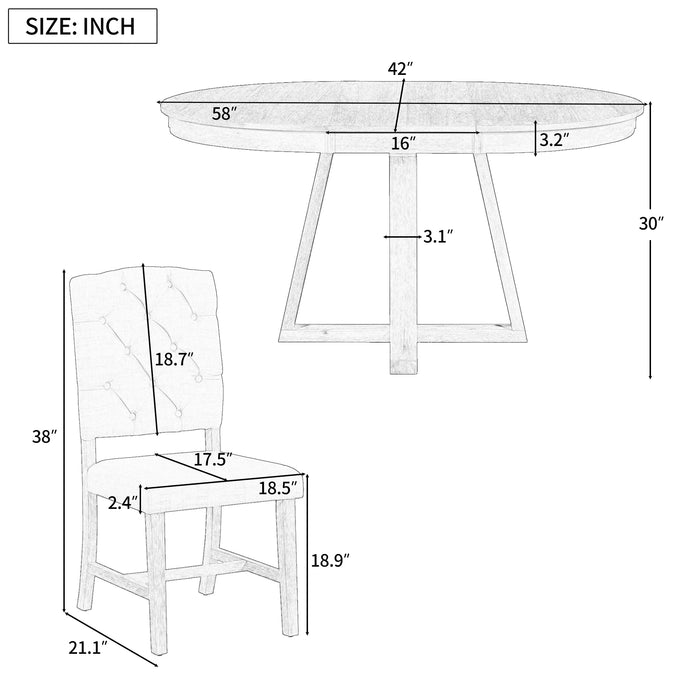 5-Piece Retro Dining Set, Round Table with a 16"W Leaf and 4 Upholstered Chairs for Dining Room and Living Room (Walnut)