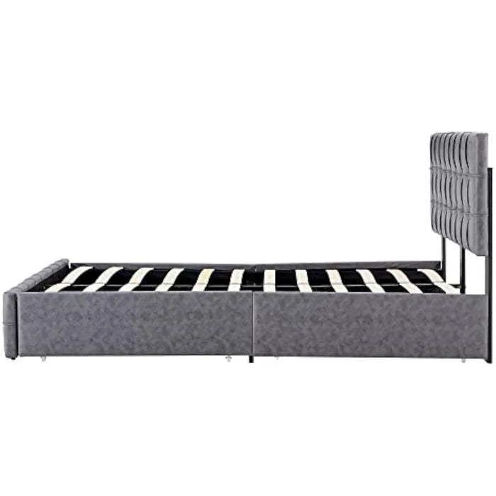 Upholstered Bed Frame Full Size with 4 Storage Drawers and Button Tufted Headboard, Comfort Adjustable Mattress Height, Grey