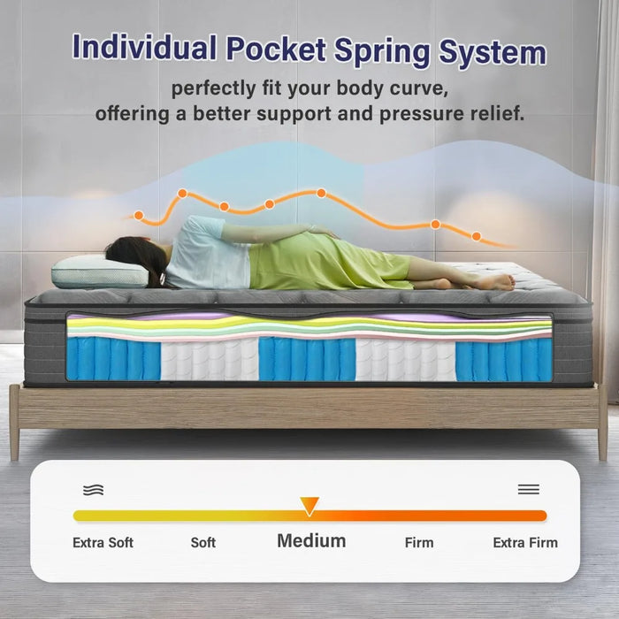 2024 New 12 Inch Gel Memory Foam Pocket Spring Hybrid Mattress, Grey