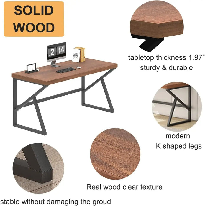 IBF Solid Wood Computer Desk, Natural Real Wooden and Metal Home Office Desk, Farmhouse Industrial Modern Executive Desk Worksta