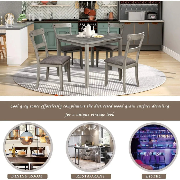 5-Piece Rustic Farmhouse Wood Dining Table Set for 4 with Upholstered Chairs