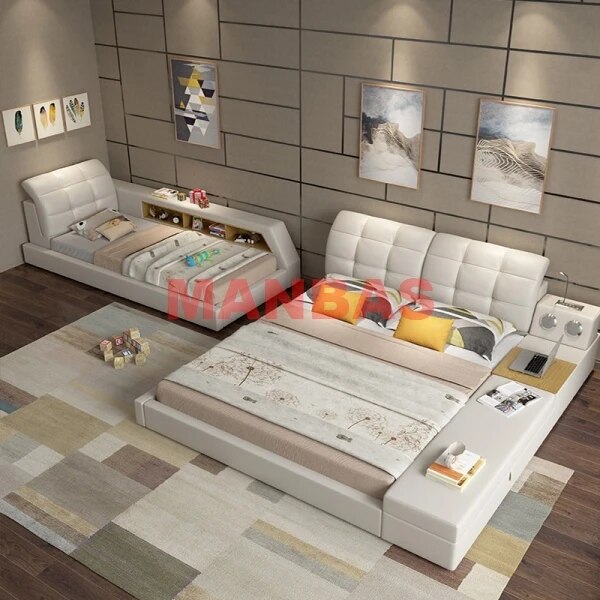 Genuine Leather Parent-child Bed Multifunctional Tech Smart Beds Ultimate Camas Upholstered Tatami Lit with Bluetooth Audio,Lamp