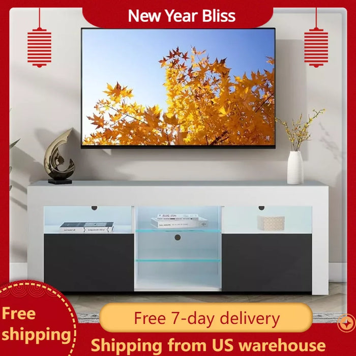 TV cabinet 65 inch TV, modern LED high gloss with glass shelf, TV console with LED lights for living room, white