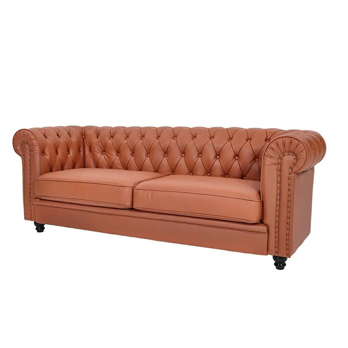 Light Brown Half Genuine Leather Chesterfield Style Sofa Couch 3-Seater With Cushions