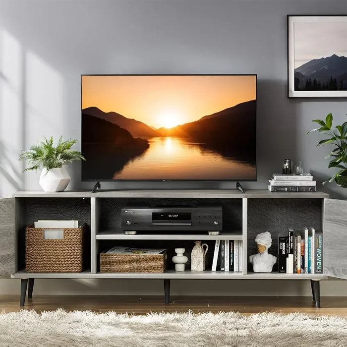 Modern TV Stand, Entertainment Center with Two Storage Cabinets, Retro Style Media Console for Living Room, 58 Inch, Light Gray