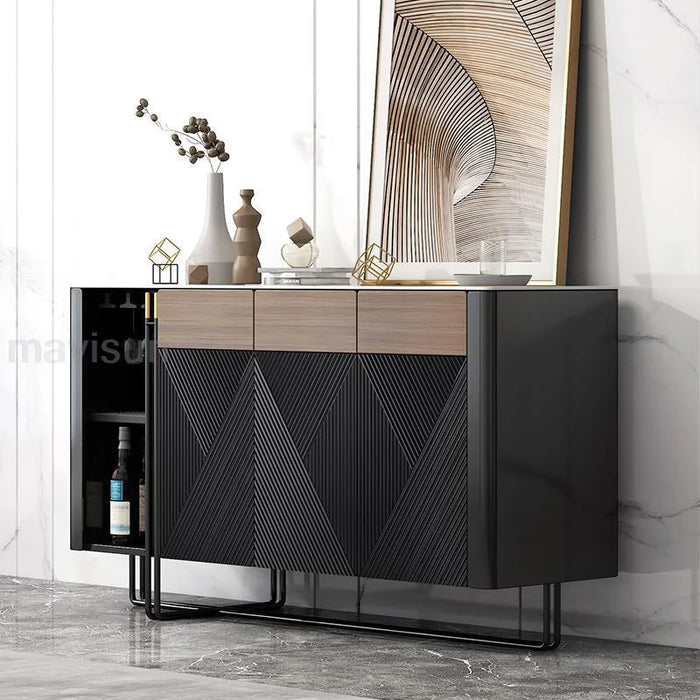 Black Sideboard For Dining Or Living Room Modern Home Furniture Rock Slab Table Top Cupboard Solid Wood Hallway Storage Cabinet
