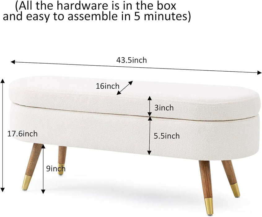 Storage Bench 43.5" Ottoman Bench Upholstered Boucle Fabric Footrest Bench with Golden Metal Legs End of Bed for Bed