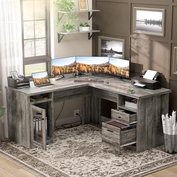 Unikito L Shaped Desk with Drawers, 60 Inch Corner Computer Desks with USB Charging Port and Power Outlet, Large 2 Person Home