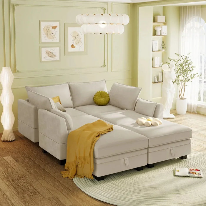 U Sectional Sofa with Storage Seat and Removable Cushions, Beige, 6 Seat Convertible Couch Sleeper Bed, Living Room Sofas