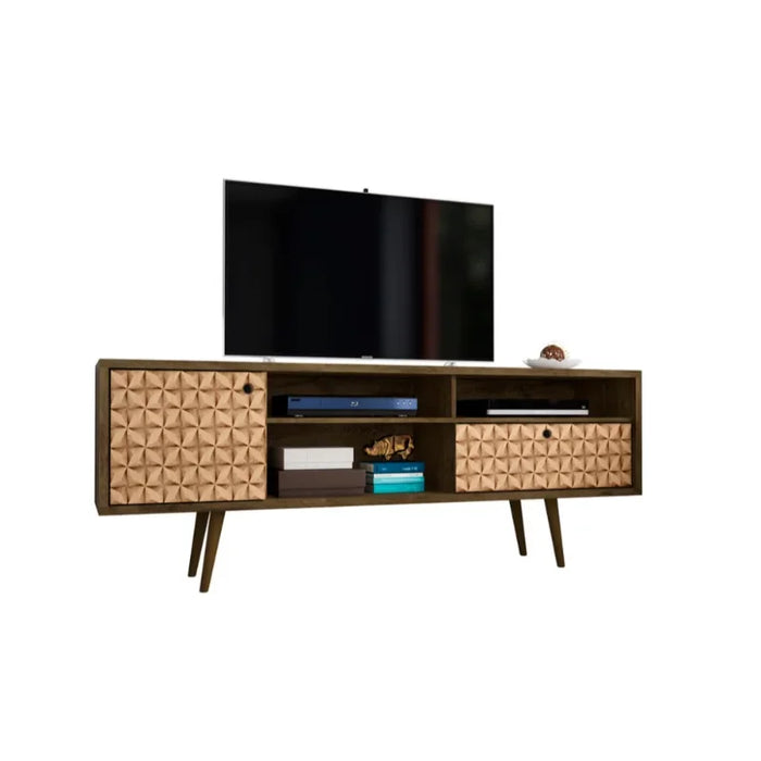 70.86" Mid Century - Modern TV Stand with 4 Shelving Spaces and 1 Drawer, Brown living room furniture  tv stand cabinet