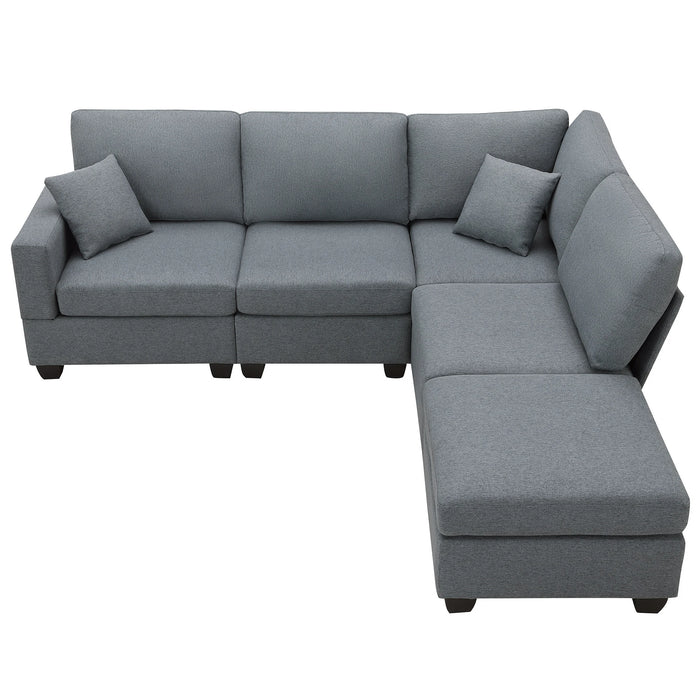 Modern Sectional Sofa,5-Seat Modular Couch Set with Convertible Ottoman,L-Shape Linen Fabric Corner Couch Set with 2 Pillows