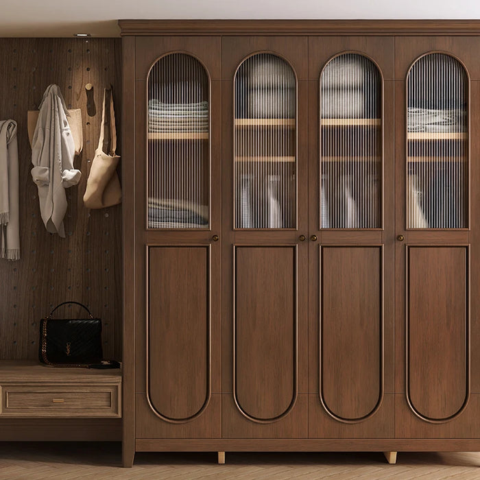 Solid wood wardrobe, household bedroom storage, four door wardrobe, French style wardrobe, glass door shoe cabinet