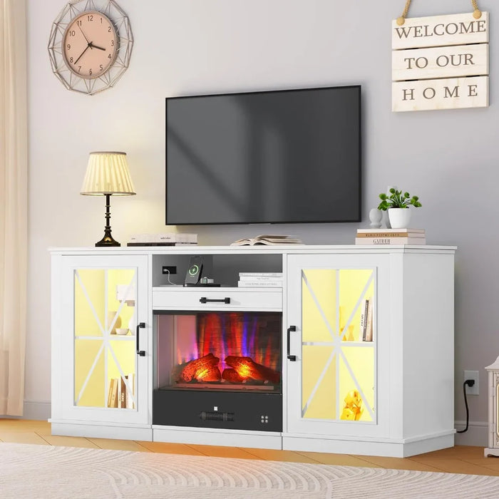 60 Inch TV Stand with Slidable Fireplace for up to 70" TVs, LED Fireplace TV Stands for Living Room, with Storage Cabinets