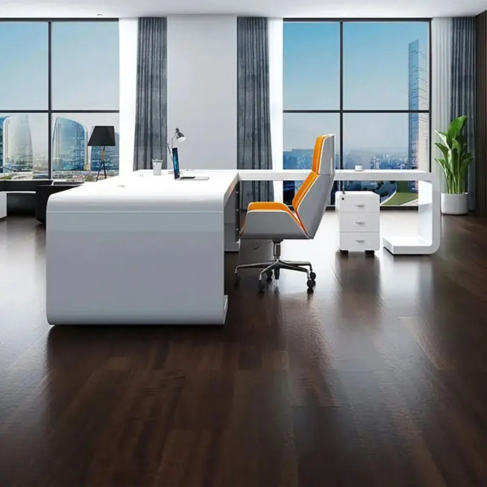 78.7" L-Shaped Modern Executive Desk of Right Hand with Drawers in White & Black