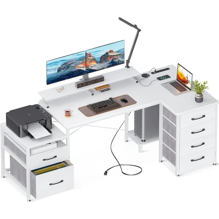 KKL L Shaped Computer Desk with File Drawers & 3 Power Outlets & 2 USB Ports, 72 Inch Home Office Desk with Printer Cabinet