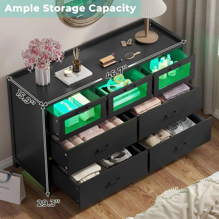 Dresser for Bedroom with 7 Drawers, Chest of Drawers with LED Lights and Metal Handles, Wide Wood Black Dresser