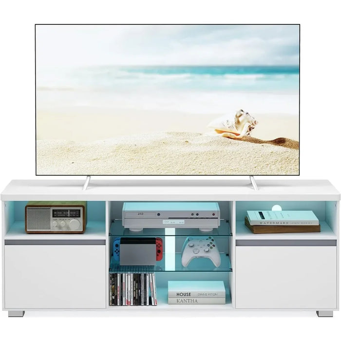 TV Console for Bedroom Living Room Furniture 2 Cabinets With Doors 63-Inch Long TV Stand With LED Lights for TVs Up to 70 Inch