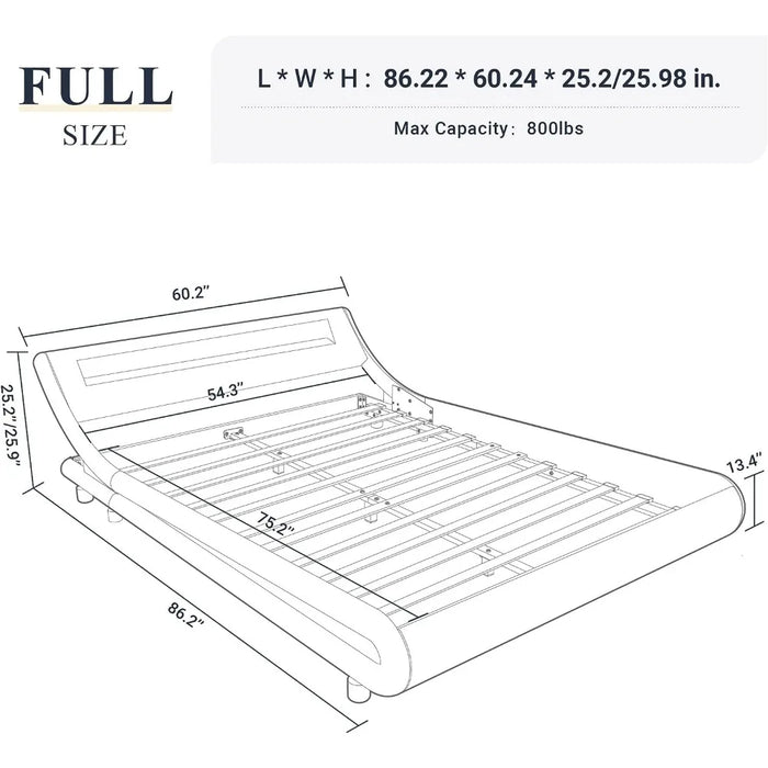 LED platform bed frame with adjustable headboard, no need for a spring box, easy to assemble, white and black leatherette