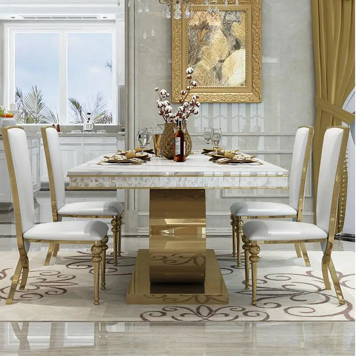 Post-Modern Marble Top-Grade Dining Table And Chairs Combination Stainless Steel Top Crown Apartment Golden Carved Furniture