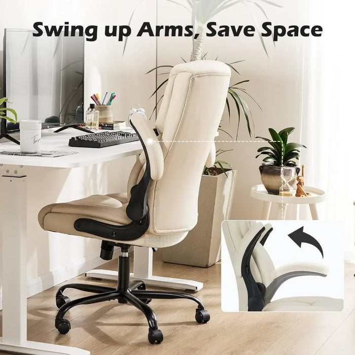 High Back Big and Tall Leather Office Desk Chairs with Flip Up Arms Lumbar Support, Adjustable Height,Wheels, Soft Padded, Cream