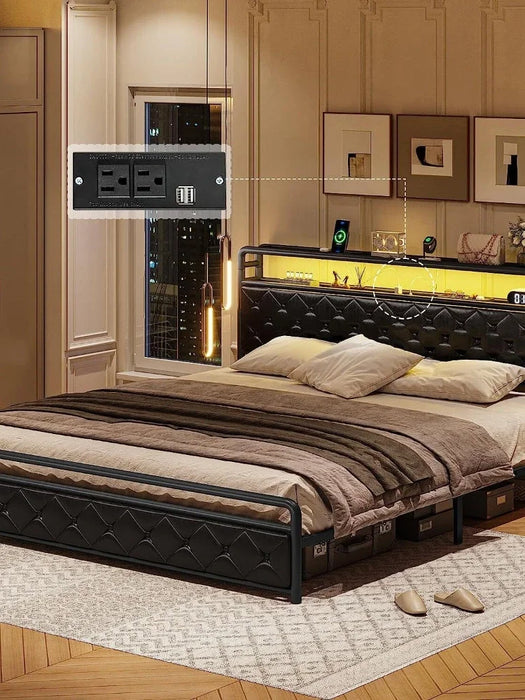 Bed Frame with Faux Leather Headboard Platform Bed, Black