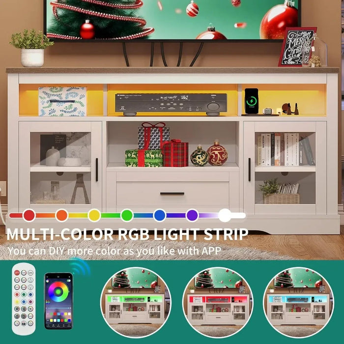 LED Farmhouse TV Bracket for TVs over 65 inches with socket and USB port with glass door, living room wooden media console