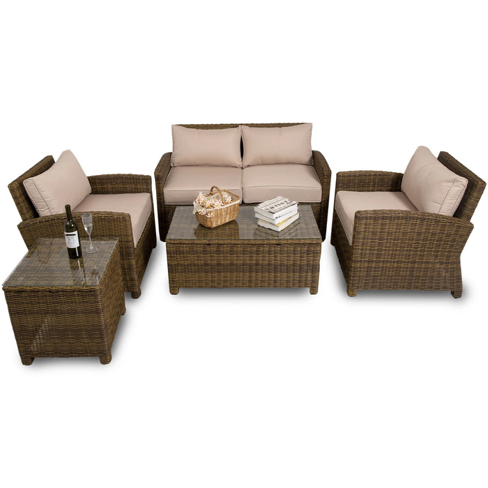 5 Pieces Patio Furniture Set Outdoor Conversation Furniture Sets with Glass Tables Soft Cushion Sectional Sofa Sets PE Rattan