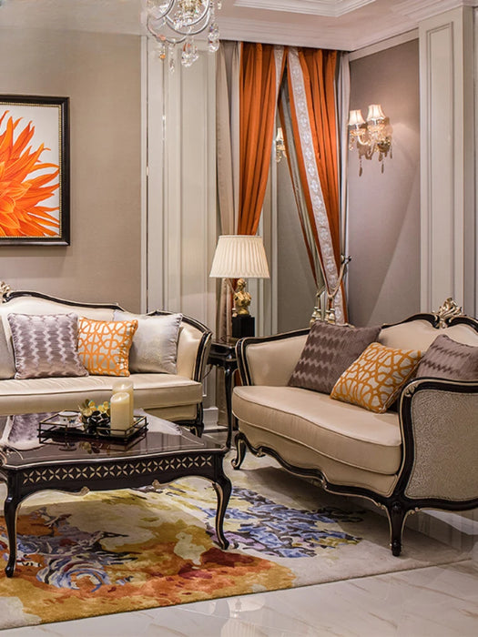 Combination Living Room Furniture Light Luxury Solid Wood Carved New Classical Leather Sofa