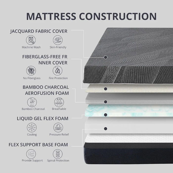 Bamboo-Charcoal Queen Memory Foam Mattress 12 Inch, Liquid Gel Mattress for Cool Sleep and Relieve Pressure,