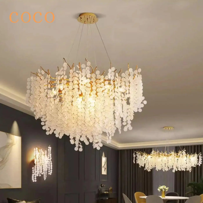 Modern Luxury Leaf Chandelier Lighting Gold Hanging Light Glass Interior Home Decoration Chandelier Living Room, Dining Table