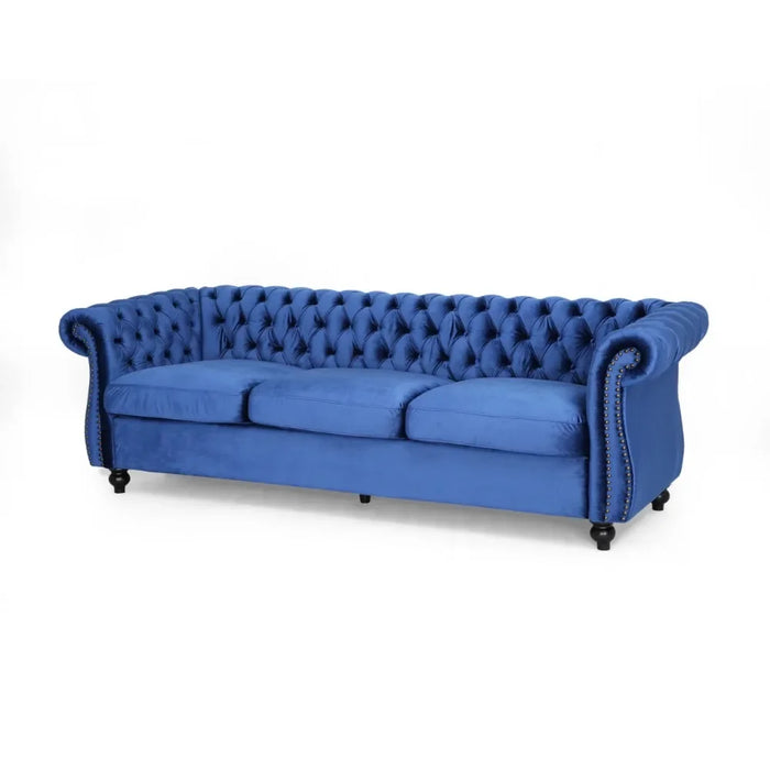 Living Room Tufted Velvet Sofa, Navy Blue, 3 Seats Modern Couch Sofas