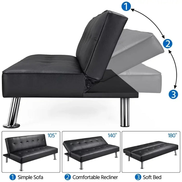 Easyfashion Convertible Faux Leather Futon Sofa Bed, Black Sofa Set Living Room Furniture  Sofas  Recliner Sofa